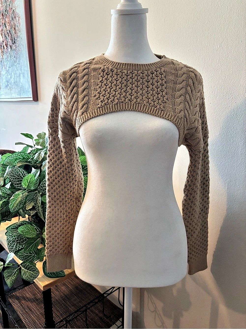 WINNIEROSE Cropped Cable Knit Sweater in Brown Size XS Like New